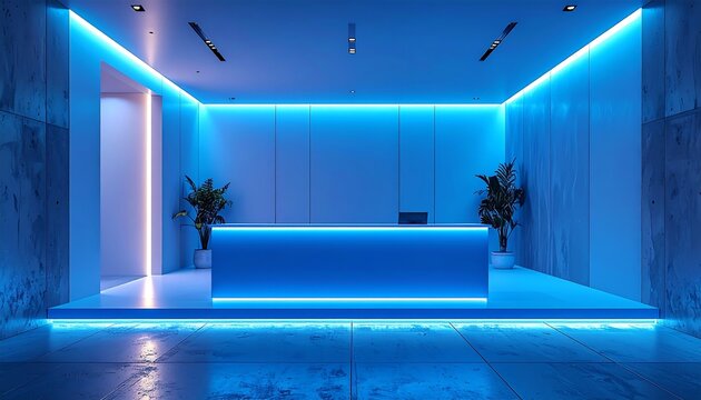 Step into the future with this stunning blue reception area, perfect for modern businesses seeking a cutting-edge and inviting atmosphere