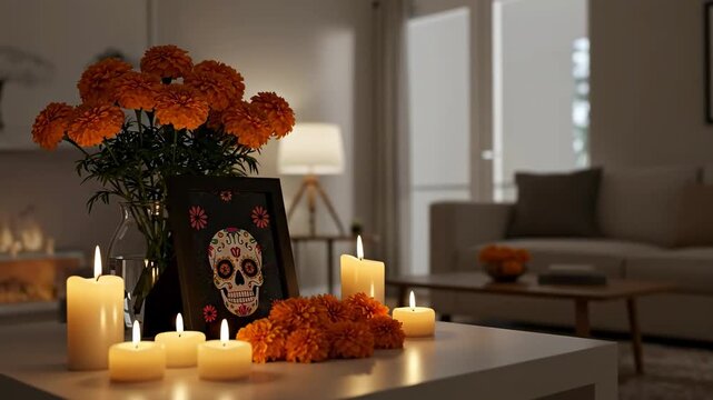 Colorful D&iacute;a de los Muertos altar with marigold flowers and candles in modern apartment