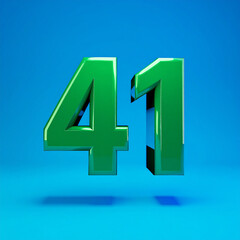 Fototapeta premium Floating shiny green number 41 in blue backdrop, soft glowing light, minimalist surrealism.