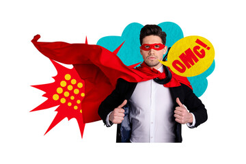 Composite trend artwork 3D sketch image photo collage of young man hero superman eyewear mask cloak stand comics speech cloud omg