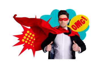 Composite trend artwork 3D sketch image photo collage of young man hero superman eyewear mask cloak stand comics speech cloud omg