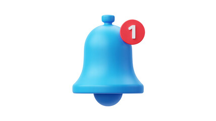 Modern 3d rendered blue notification bell icon with red badge showing number one alert signal, UI notifications in digital apps, app notifications, UX interface design