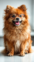 Obraz premium Smiling Fluffy Orange Pomeranian Dog with Round Eyeglasses Full Body Portrait