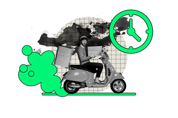 Composite trend artwork sketch photo collage of delivery service market sale pile box courier young guy drive motorbike moving fast time