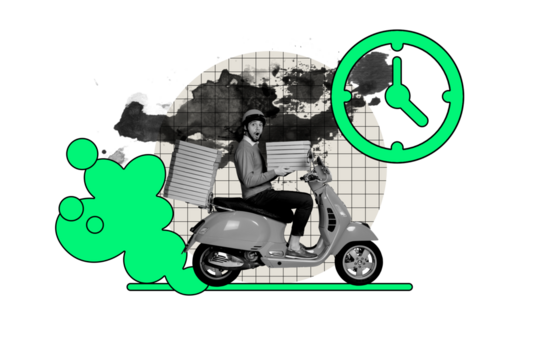 Composite trend artwork sketch photo collage of delivery service market sale pile box courier young guy drive motorbike moving fast time