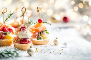 Obraz premium Festive holiday appetizers with fresh vegetables and decorative garnishes for christmas celebrations