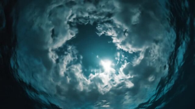 Underwater view of clouds and sunlight looking towards the surface