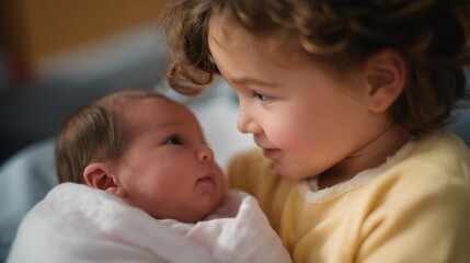 Older sibling meeting newborn for the first time in nursery, expression of curiosity and joy visible, symbolizing sibling connection, gentle affection, and emotional wonder in early family
