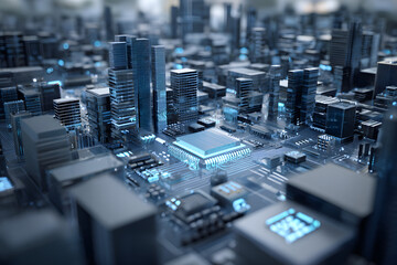 A 3D rendering of a circuit board shaped like a futuristic city skyline. The glowing CPU and microchips represent a smart city's digital infrastructure. Concept for IoT, big data, and urban technology