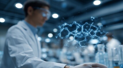 Laboratory filled with floating holographic molecular structures controlled by AI, scientists observing reactions, symbolizing futuristic chemistry, interactive research, and innovation in