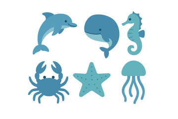 Adorable blue ocean animals set including dolphin, whale, seahorse, crab, starfish, and jellyfish