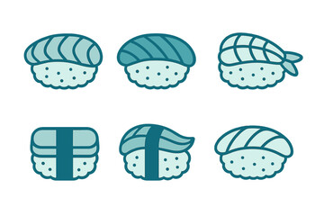 Minimalist set of six nigiri sushi pieces and maki rolls in a cute flat design © Andrei