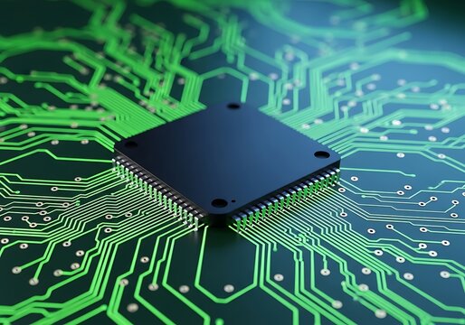 Closeup of a black computer processor chip on a vibrant green printed circuit board with detailed pathways, symbolizing electronics, computing, and modern technology - Powered by Adobe