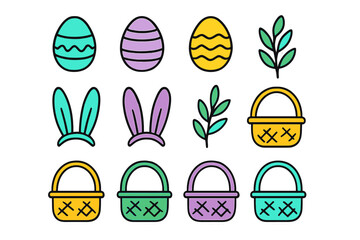 Fototapeta premium Colorful Easter holiday stickers set featuring decorated eggs bunny ears and baskets