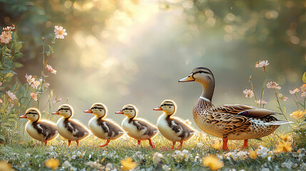 Mother duck leading fluffy ducklings through sunlit meadow