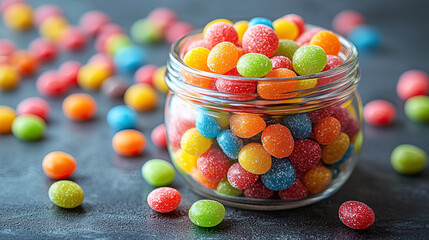 Glass jar filled with multicolored round candy sweets