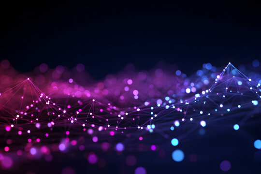 Abstract visualization of glowing data waves in blue and pink hues. The flowing particle field represents digital information and complex algorithms.