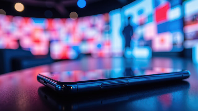 Sleek smartphone rests on table, illuminated by vibrant, colorful screens in background, creating modern and tech savvy atmosphere