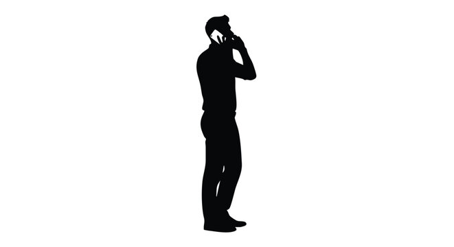 Full-length black silhouette of an adult male standing and making a phone call, depicting everyday communication activity and interaction, isolated on a clean white background