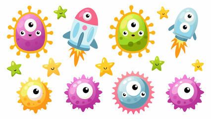 A collection of cosmic cartoon germs inspired by outer space, like tiny aliens or glowing nebulae with antennae and stars.