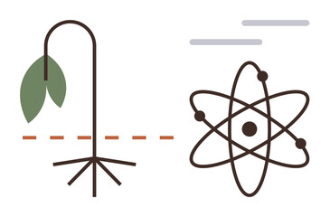 Wilting plant split from atomic structure, showcasing duality of ecological decline and scientific progress. Ideal for sustainability, ecology, science, balance, innovation, energy, educational