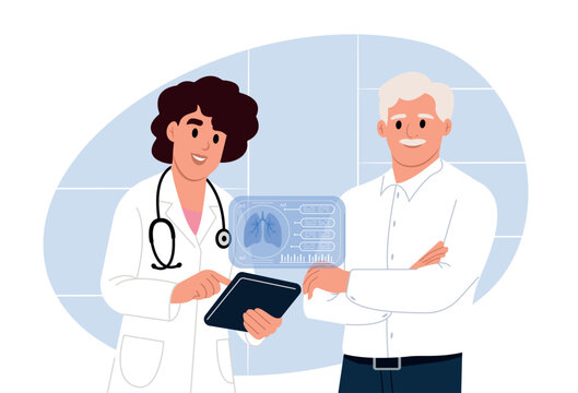 World Pneumonia Day. Doctor with good news, health results, advice and report. Vector illustration in flat style.