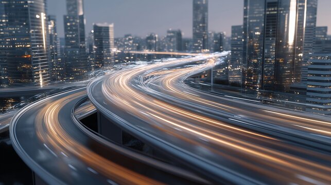 Futuristic elevated highways with transparent lanes and self-driving pods, symbolizing automation, data-driven logistics, and urban innovation for sustainable smart cities. cinematic color - Powered by Adobe