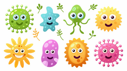 A group of adorable cartoon germs inspired by forest creatures and plants, with leafy textures, mushrooms, vines, and earthy colors like green, brown, and mossy yellow.
