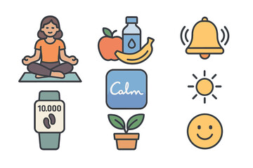 Set of wellness and healthy lifestyle symbols covering meditation, nutrition, and fitness tracking
