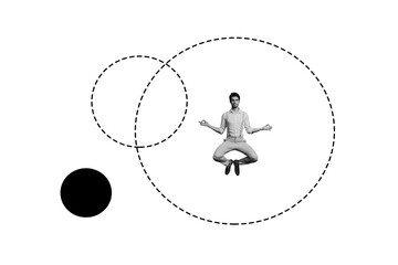 Composite artwork collage image picture of black white effect guy fly meditate isolated on creative background