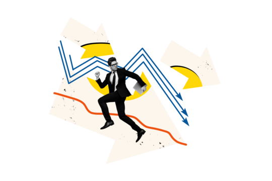 Creative collage image young businessman run boss manager economy recession falling crisis devaluation money inflation startup failure