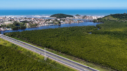 Itanhaem River At Itanhaem In Sao Paulo Brazil. Atlantic Forest Landscape. River Skyline. Tropical Travel. Itanhaem River At Itanhaem In Sao Paulo Brazil. Outdoor Scenery.