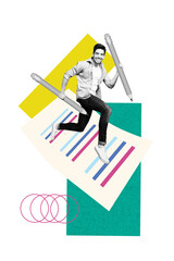 Composite collage picture image of running man sign contract documents deal hold pencil fantasy billboard comics zine minimal