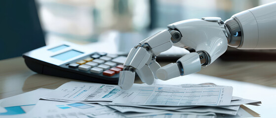 A close-up of a robotic hand analyzing financial reports with a calculator. Symbol of artificial intelligence in accounting, automation in finance, and technology-driven business solutions.