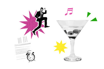 Composite trend artwork 3D sketch image photo collage of young man win jump huge glass drink cocktail party dance friday weekend clock