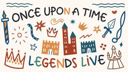 A medieval fantasy doodle scene with castles, dragons, knights, crowns, and swords.