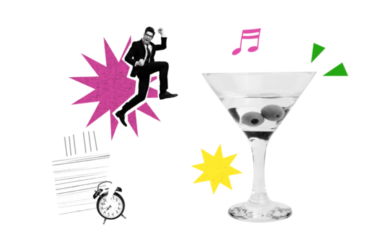 Composite trend artwork 3D sketch image photo collage of young man win jump huge glass drink cocktail party dance friday weekend clock