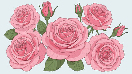 Elegant Pink Roses and Buds Vector Illustration. Floral Design Element for Romantic Themes, Weddings, and Decorative Backgrounds.