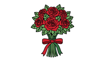 Vector illustration of a red rose bouquet with green leaves and a festive red ribbon, romantic floral gift