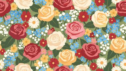 Colorful Floral Pattern with Roses, Daisies & Forget-Me-Nots on Green Background - Seamless Spring Flower Design