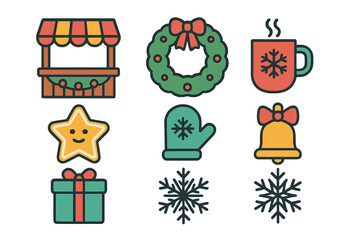 Colorful set of Christmas market and winter holiday symbols including wreath hot cocoa mitten bell and gift box