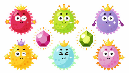 A set of elegant cartoon microbes wearing tiny crowns, capes, and jewels.