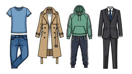 Diverse Fashion Outfits: Casual, Trench Coat, Sportswear & Formal Suit Styles