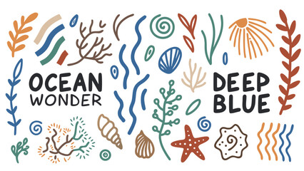 An aquatic doodle set featuring fish, seaweed, coral, shells, and jellyfish.