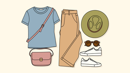 Flat lay illustration of women's casual summer or travel outfit with accessories including hat, sunglasses, and sneakers