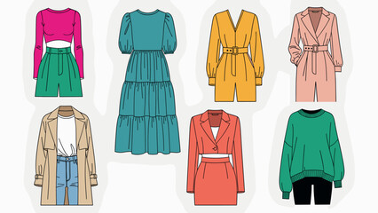 Women's Fashion Flat Sketch Collection. Vector illustrations of stylish apparel including dresses, tops, shorts, jumpsuits, and jackets.