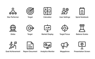 Modern business and marketing icon set featuring balance scales, target focus, analytics, presentation, megaphone, calculator, and strategy symbols.
