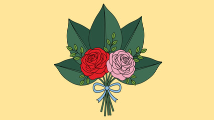 Red and Pink Rose Bouquet Illustration with Green Leaves and Blue Bow