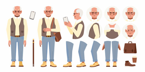 Elderly man character design kit with various poses and accessories for animation and illustration