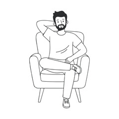 Calm male character sitting cross legged on armchair illustration